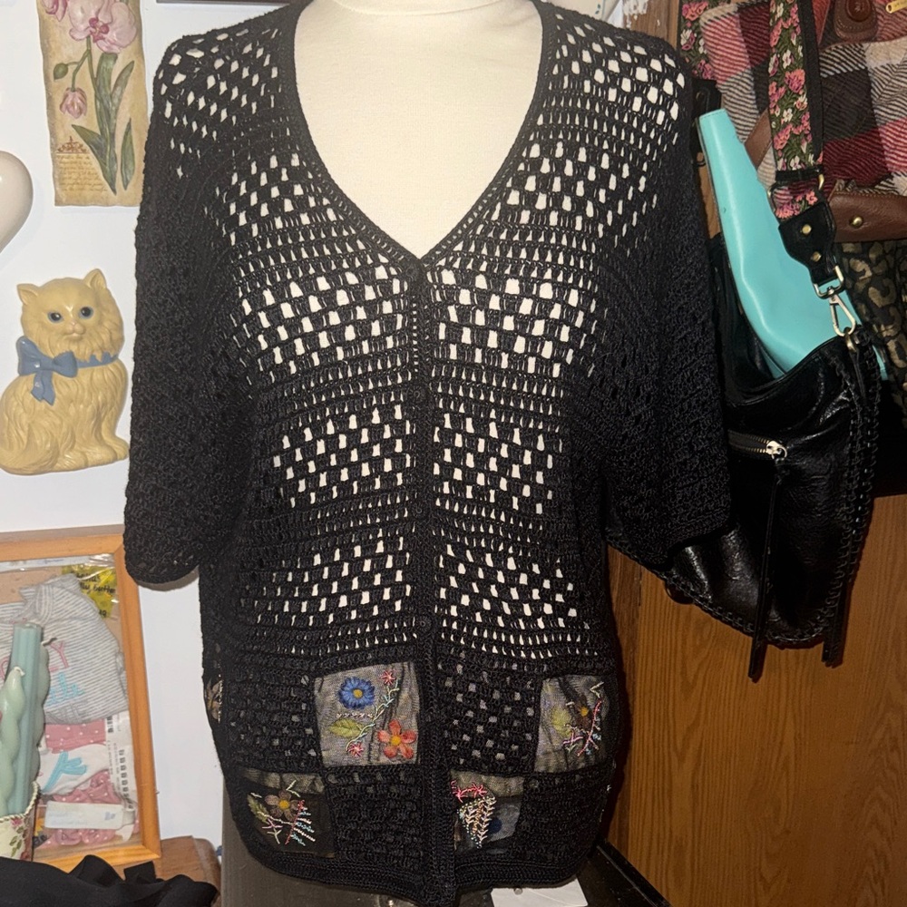 Teddi Black Crochet Cardigan with Floral Details